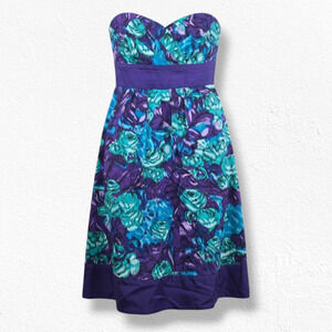 Anthropologie Purple Teal Sweetheart Strapless Floral 2010s Formal Dress Size 0